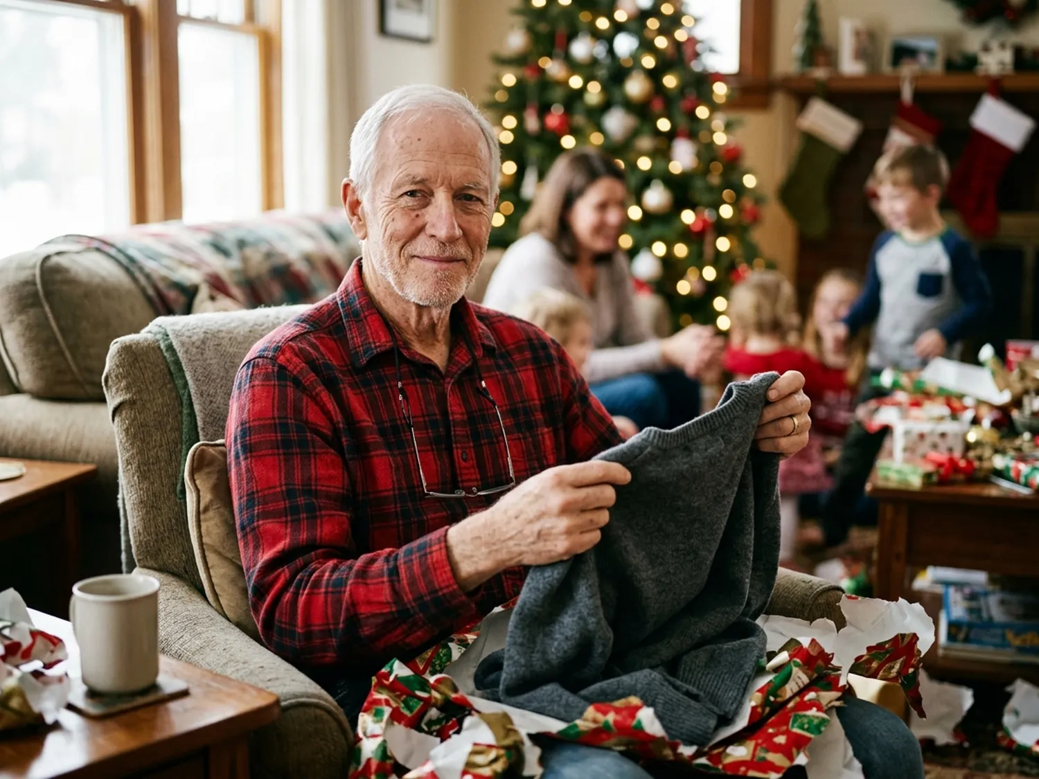 An older man holding up a grey sweater on Christmas morning with a polite smile