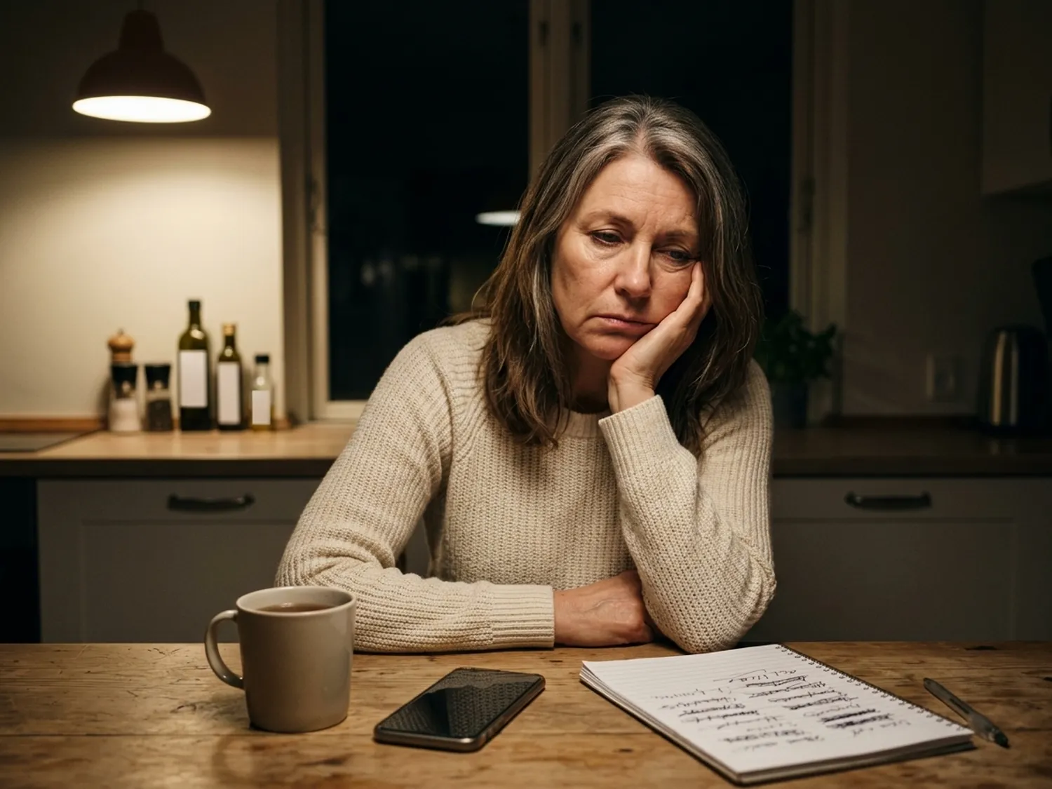A tired woman at a kitchen table late at night