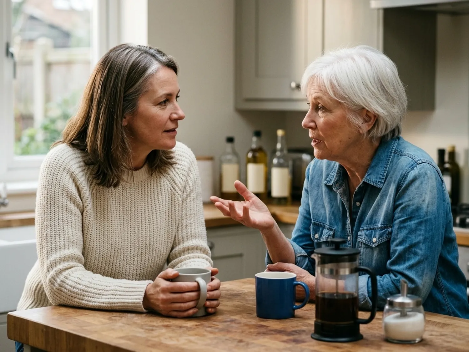 Two women talking over coffee at a kitchen counter