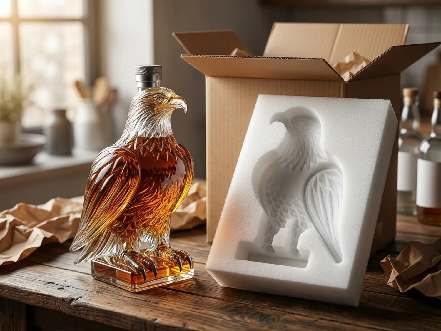 A glass eagle decanter next to its open foam-lined box