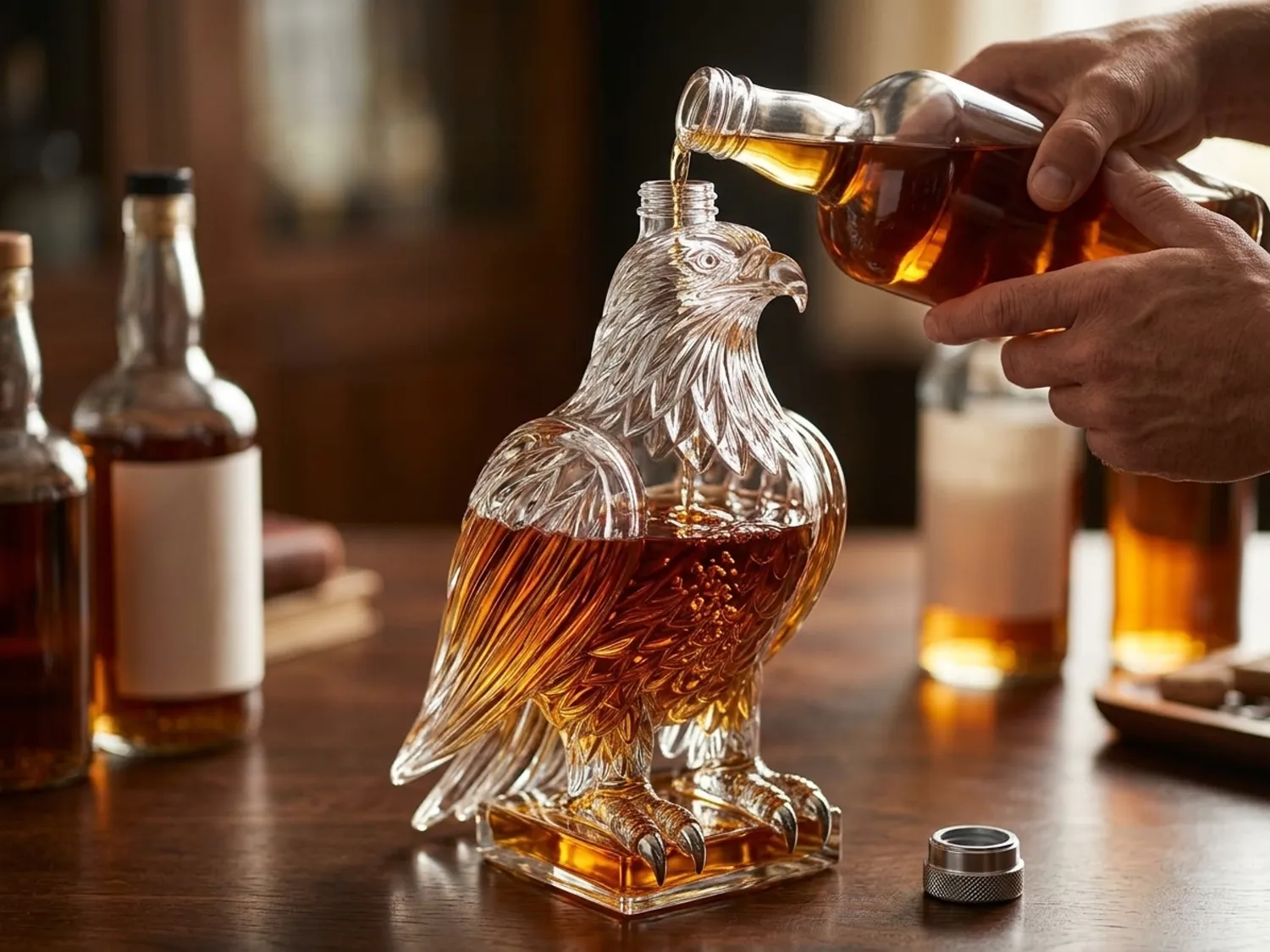 Whiskey being poured into the glass eagle decanter