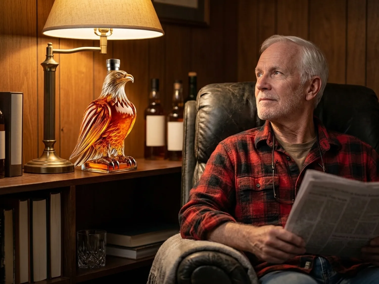 A glass eagle decanter glowing on a den shelf beside a recliner
