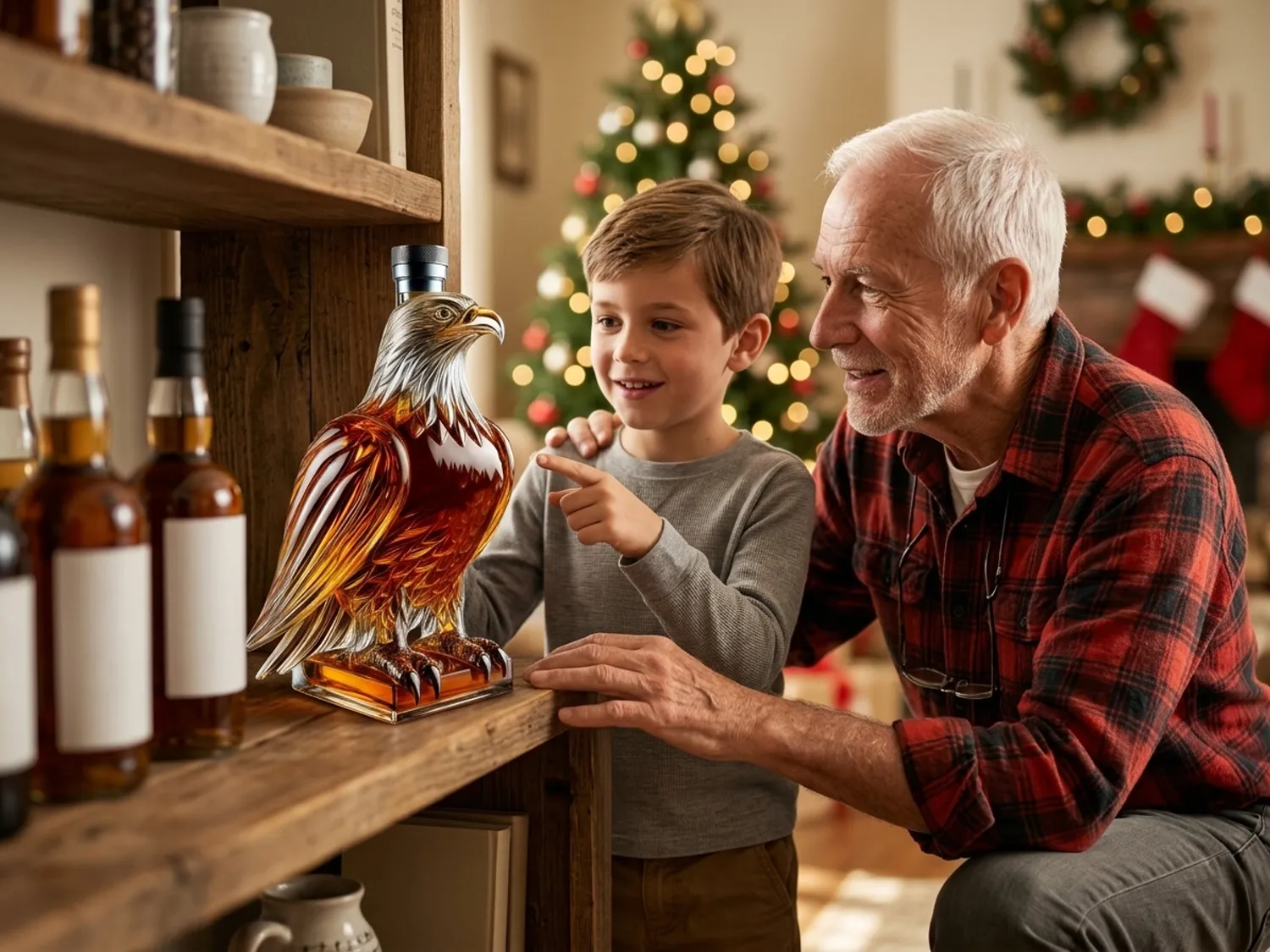 A boy pointing at the eagle decanter while his grandfather explains