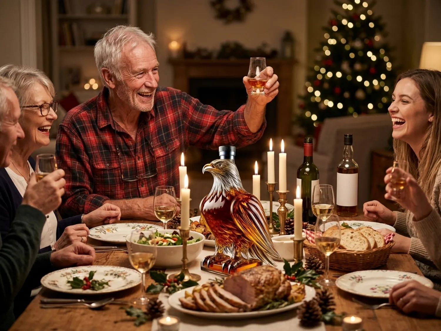 A family Christmas dinner with the eagle decanter in the center of the table
