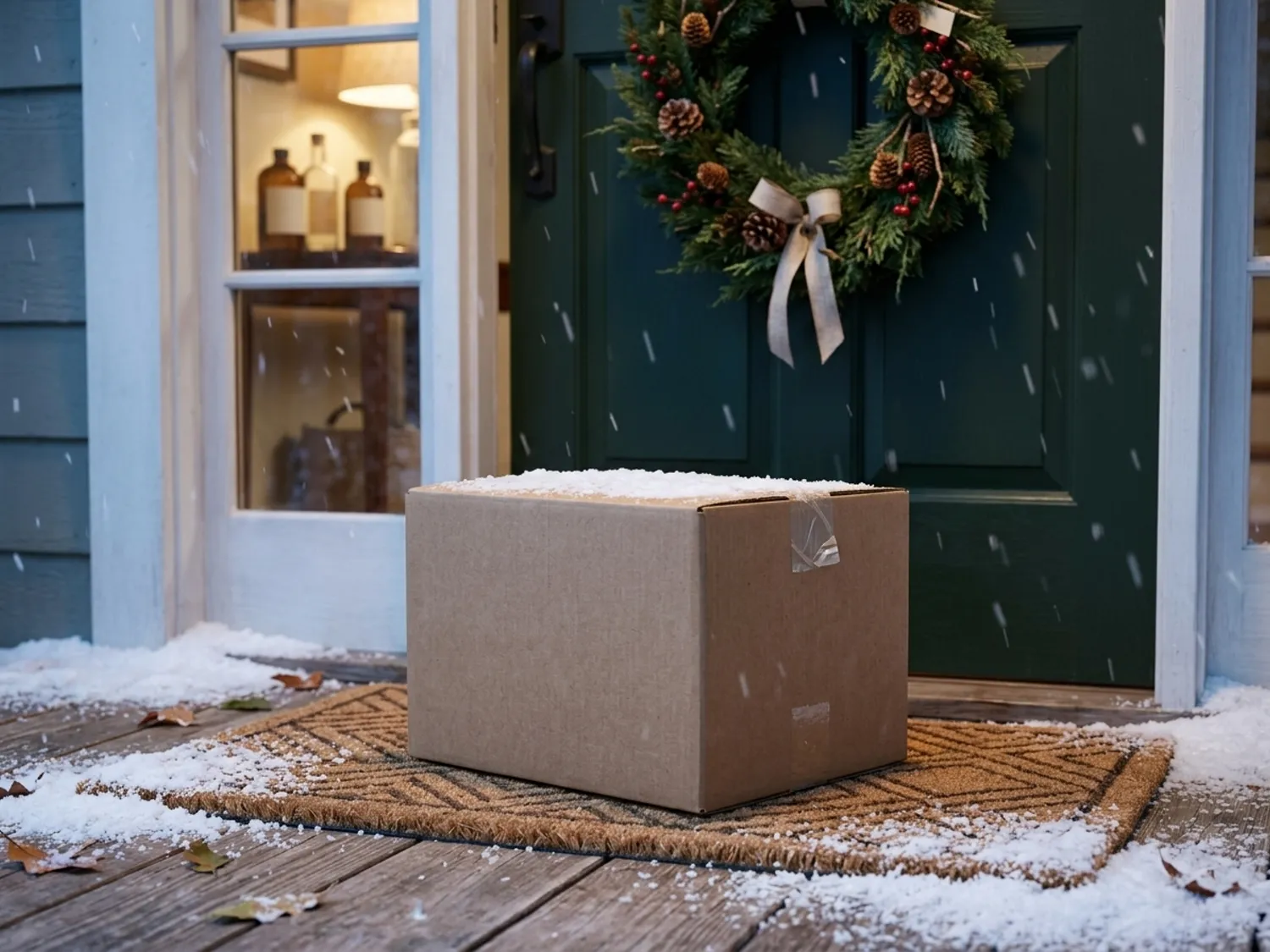 A shipping box on a snowy front porch