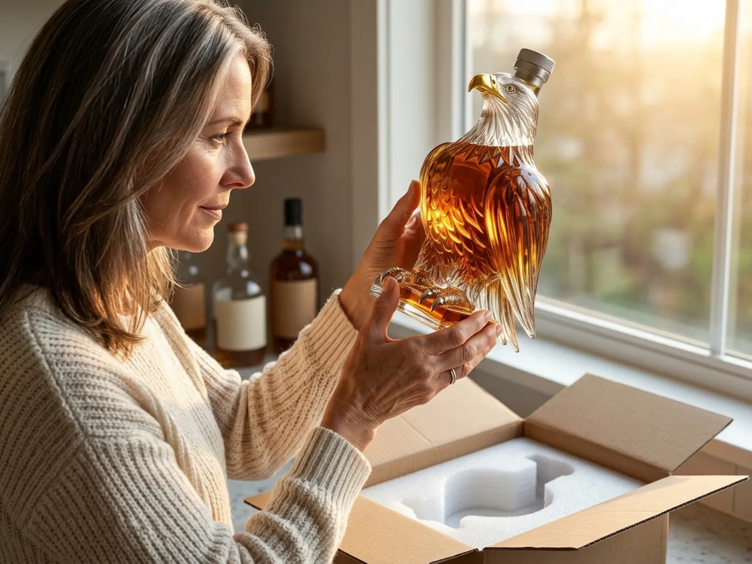 A woman holding the eagle decanter up to the window light